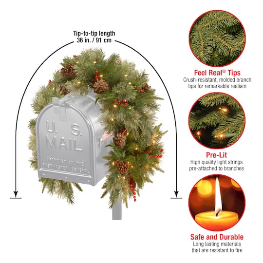 3ft. Pre-Lit Feel Real® Pinecone & Berry Colonial Artificial Christmas Mail Box Swag, Warm White LED Lights
